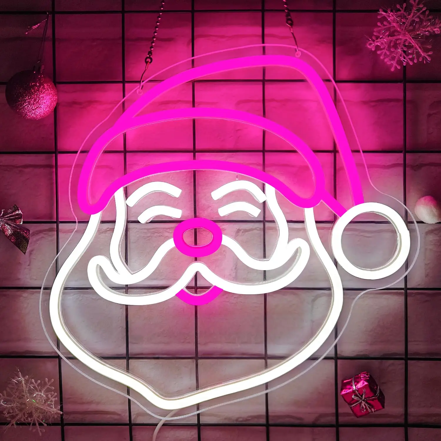 ピンクのクリスマス帽子サンタネオンサイン-壁飾り用-調光スイッチ付き-サンタクロースライトアップサイン-窓-寝室-ホリデーパーティー-ホーム用