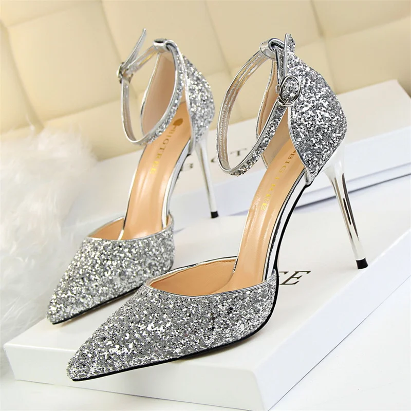 New Summer Women Pointed Toe 7.5cm 9.5cm High Heels Bling Sandals Wedding Bridal Gold Silver Sparkly Sequins Single Shoes