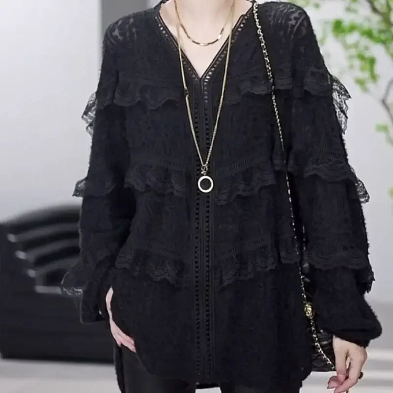 2024 New Spring and Autumn Commuter Fashionable Lace Hollow V-neck Loose Versatile Oversize Women's Long Solid Color Shirt B206