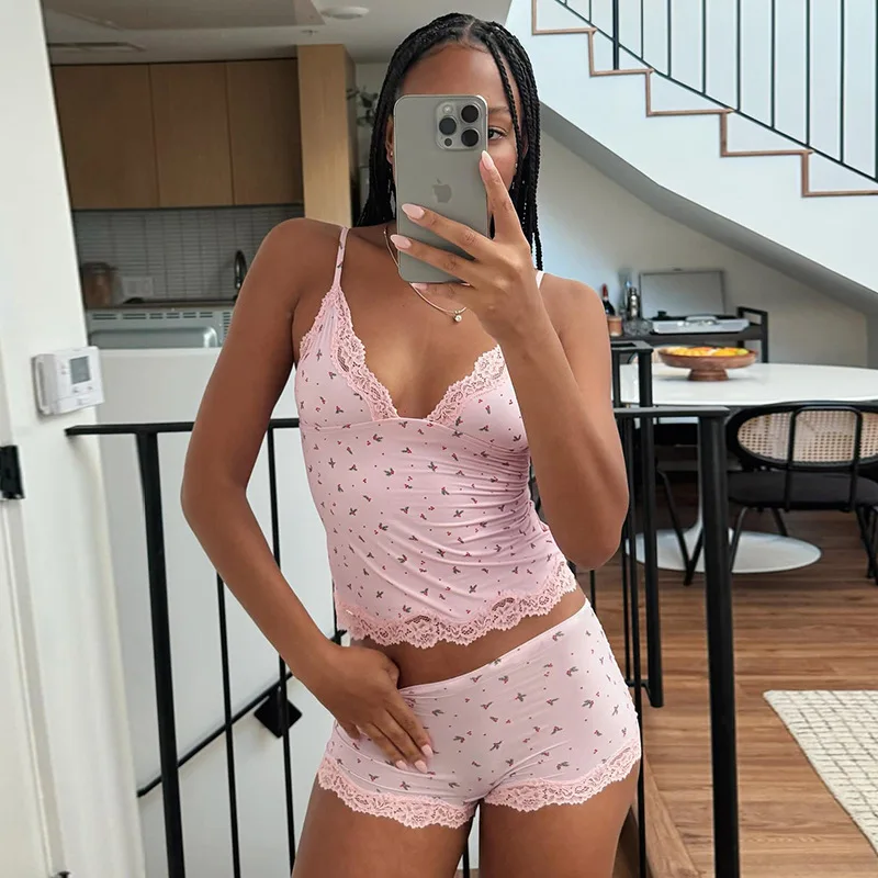 Sexy Cute Women 2 Piece Pink Lace Ruffles Bustiers Camis Tops Briefs Shorts Sets Floral V-neck Camisole Home Two Piece Outfits