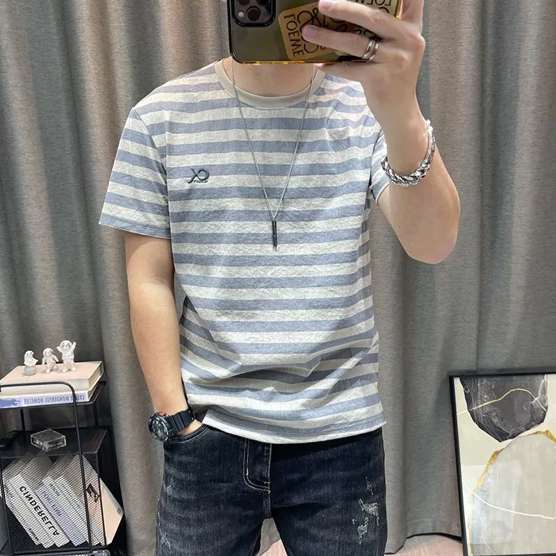 Striped short sleeve T-shirt Men 2024 summer new men\'s ice silk cotton half-sleeve T-shirt high-end men\'s clothes all-match Tops