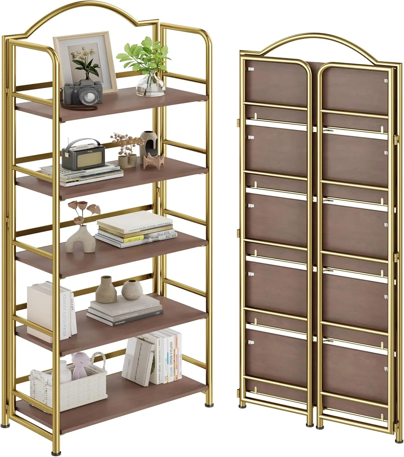 

No-Assembly Gold Folding Bookshelf Storage Shelves 5 Tiers Vintage Multifunctional Plant Flower Stand Storage