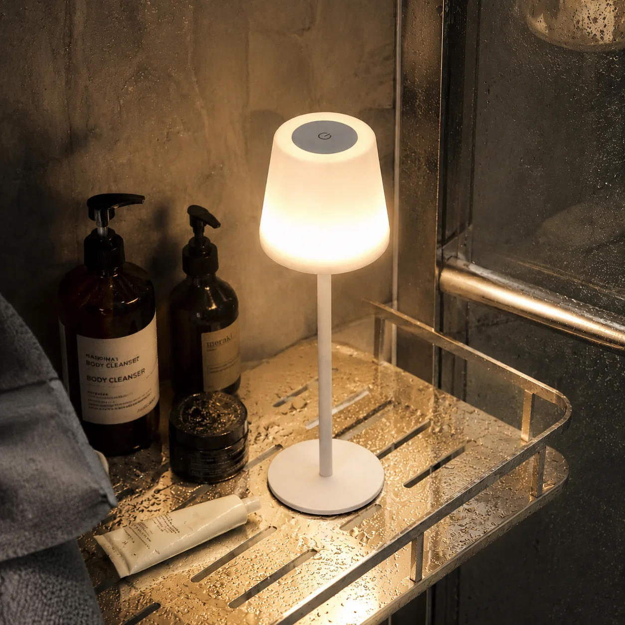 Touch Control LED Shower Light, 3 Color Dimming, Rechargeable Night Light for Cafe Decor, Living Room, Bedroom.
