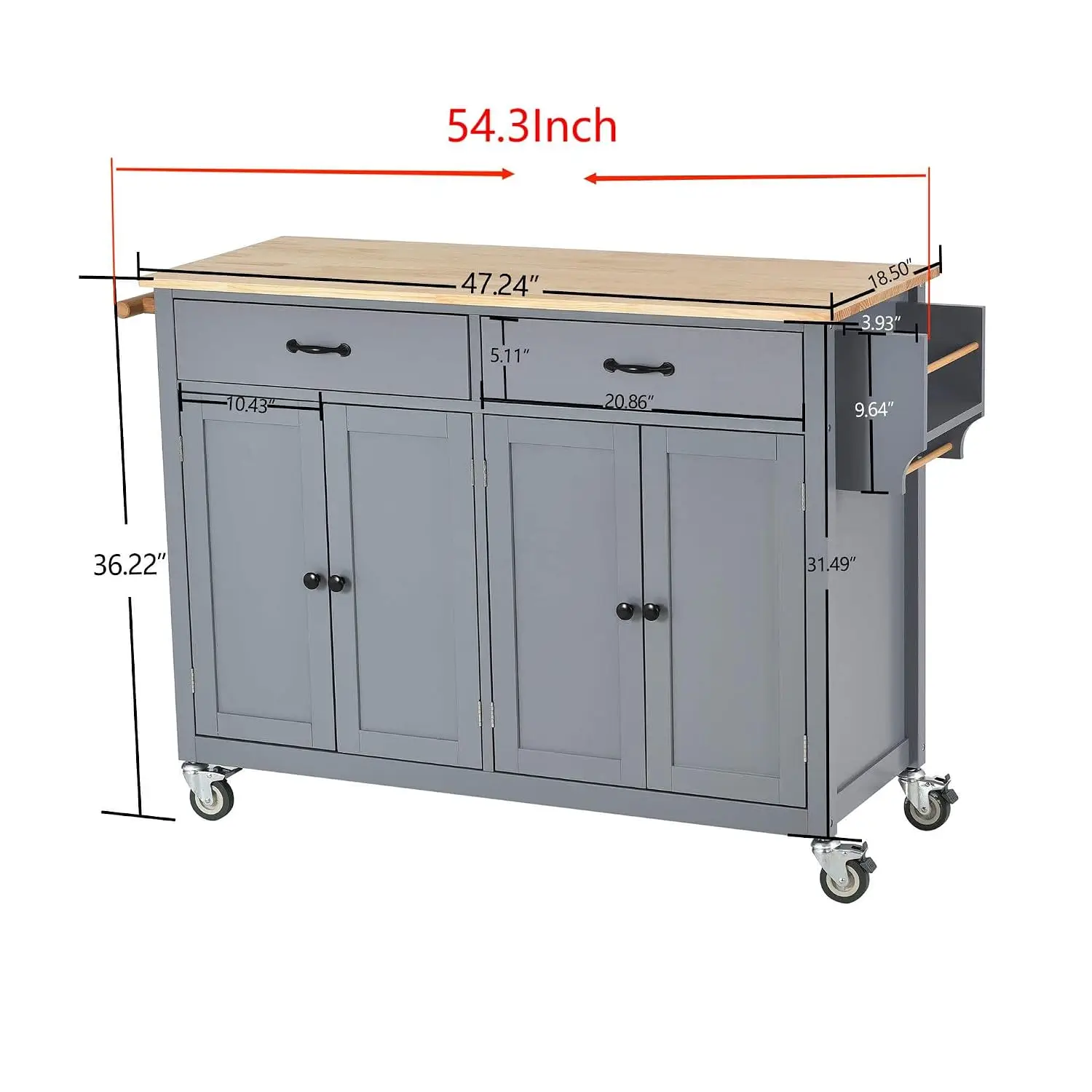 Kitchen Cart Rolling Island Trolley Solid Wood Top 4-Door Cabinet 2 Drawers 4 Casters Spice & Towel Rack 54