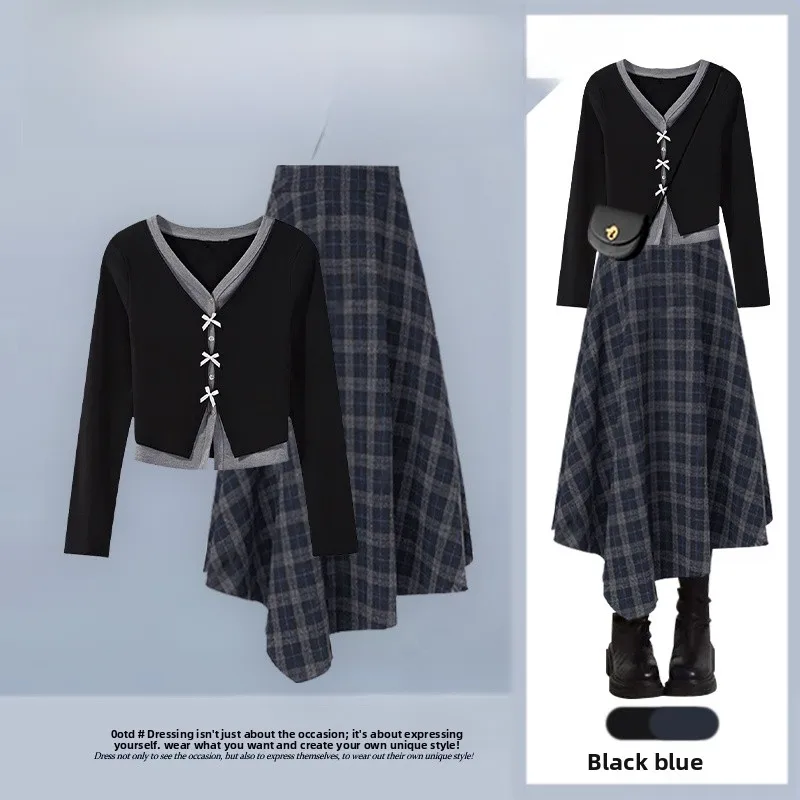 

Korean Sle Faionable Agel Set Casual Plaid Skirt Knitted Top Two Piece Suit Slimming Trendy Autumn Collection