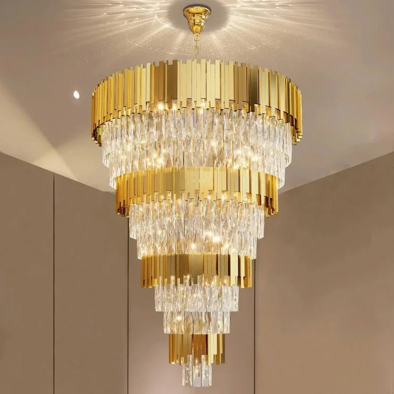 Luxury Gold Black Crystal Ceiling Chandeliers LivingRoom Loft Stairway Large Staircase Pendant Lamps Bedroom Decoration Lighting