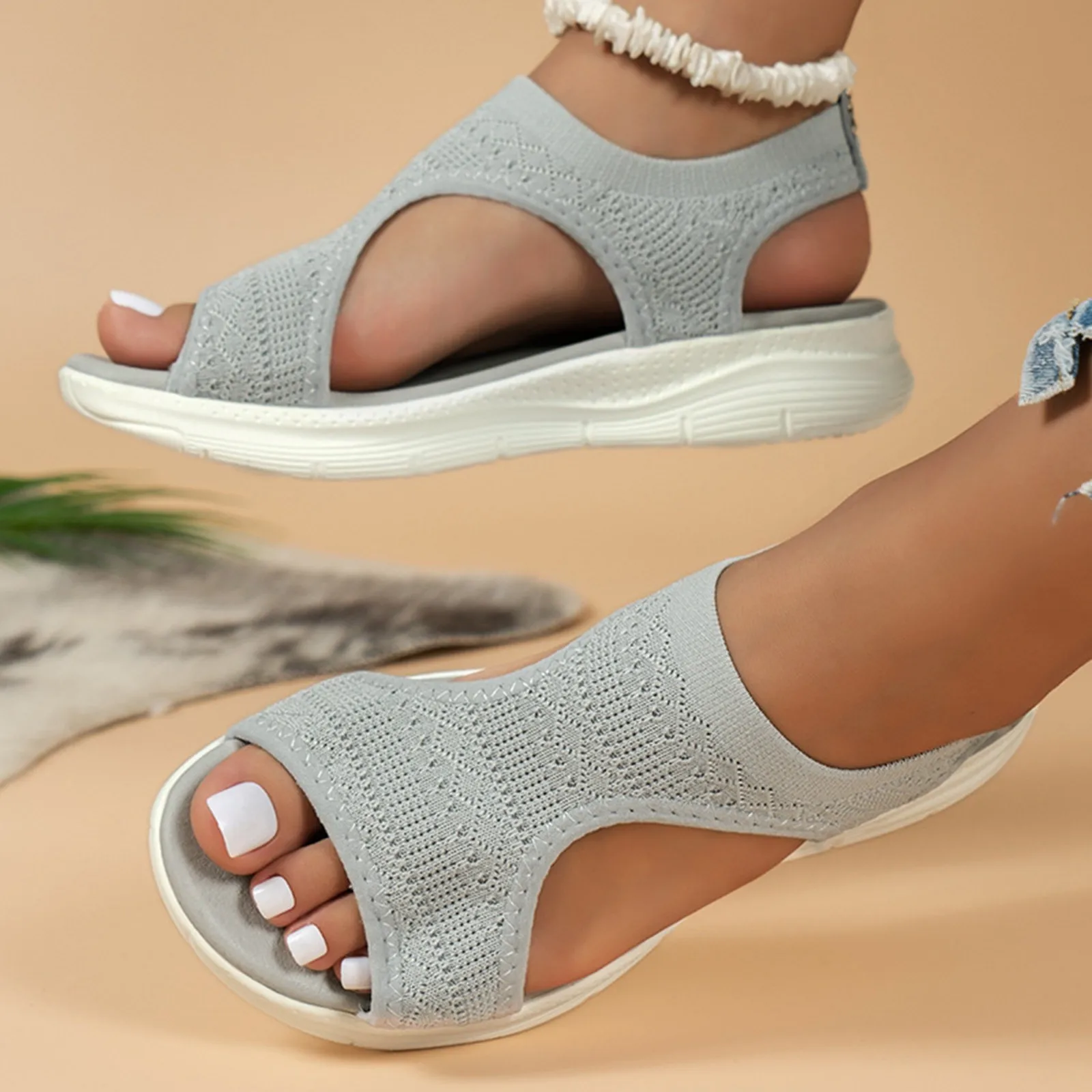 Solid Sandals for Women 2024 Hot Sale Open Toe Wedge Sandals Comfortable Summer Platform Slip On Elastic Sports Casual Sandals