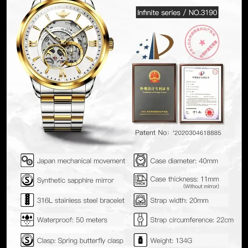 OUPINKE Mechanical Watch for Men Japan Imported Movements Sapphire Mirror Skeleton Waterproof Stainless steel Luxury Brand Watch