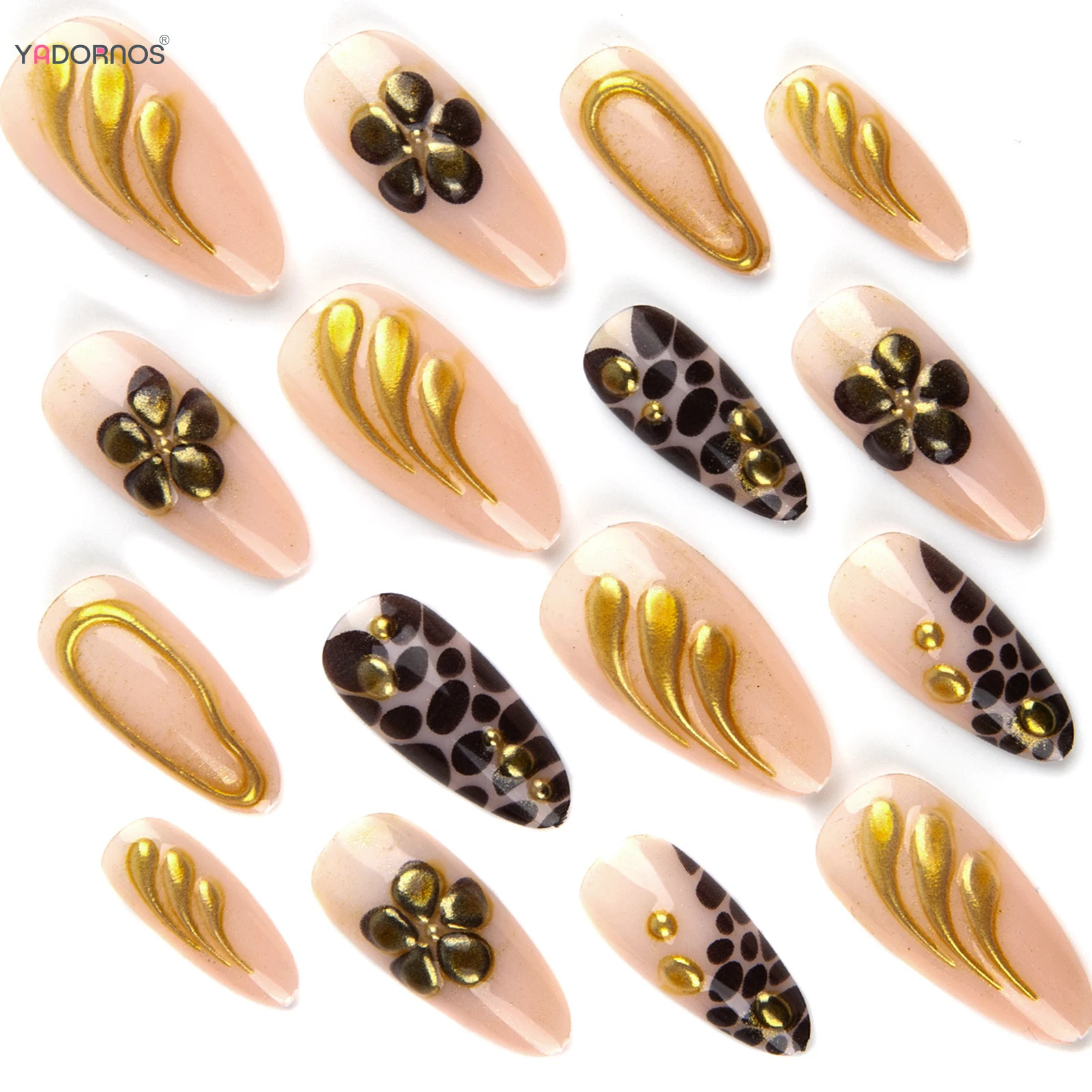 3D Amêndoa Patches unhas falsas, flor marrom, impressão de leopardo, imprensa sobre unhas, desenhos Gold Strip, unhas falsas dicas, Wearable Manicure, 24pcs