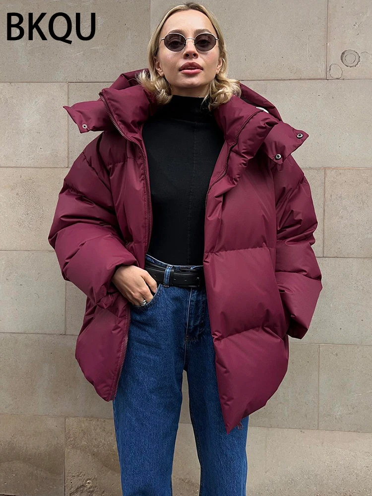 BKQU Wine Red Thick Warm Parkas Women Fall Winter Loose Long Sleeve Zipper Turtleneck Hooded Padded Jackets Coat 2024 Streetwear