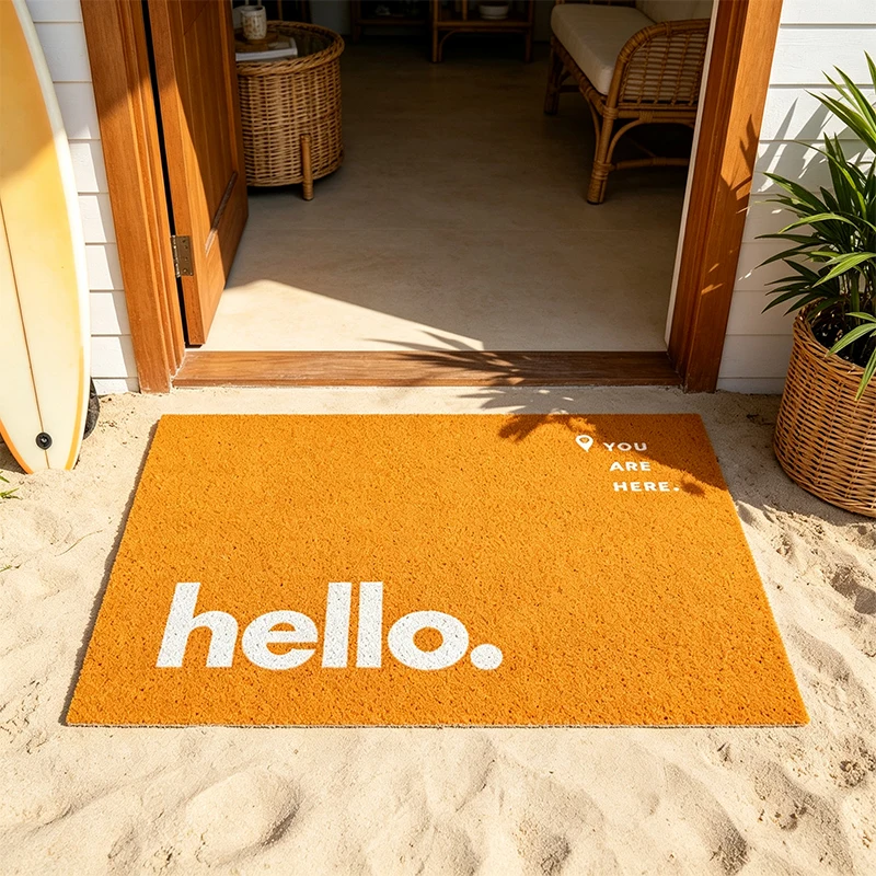 Hello Welcome PVC Coir Doormat Modern Letter Printed Front Entrance Mat Non‑Slip Dirt Trapping Outdoor Porch Rug Easy To Clean