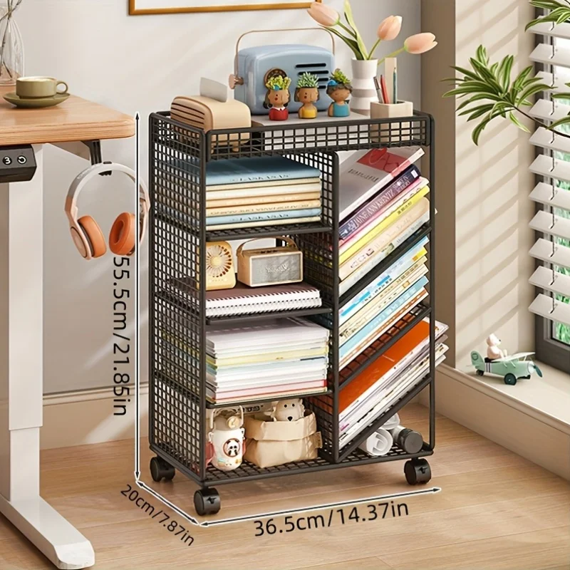 

Rolling Book Cart - Metal Mobile Bookshelf, Desk Organizer & Corner Display Shelf, Space-Saving Rolling Cart for Home , Library