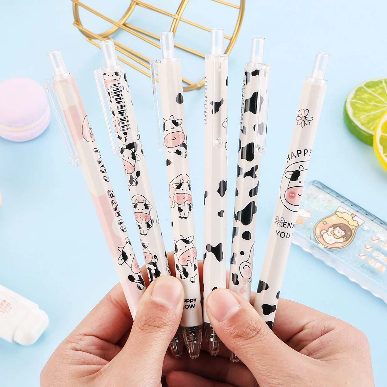 3Pcs/Lot Cute Cartoon Cow Press Gel Pen Kawaii Little Cow Neutral Pen 0.5mm Black Gel Ink Writing Pens Office School Stationery