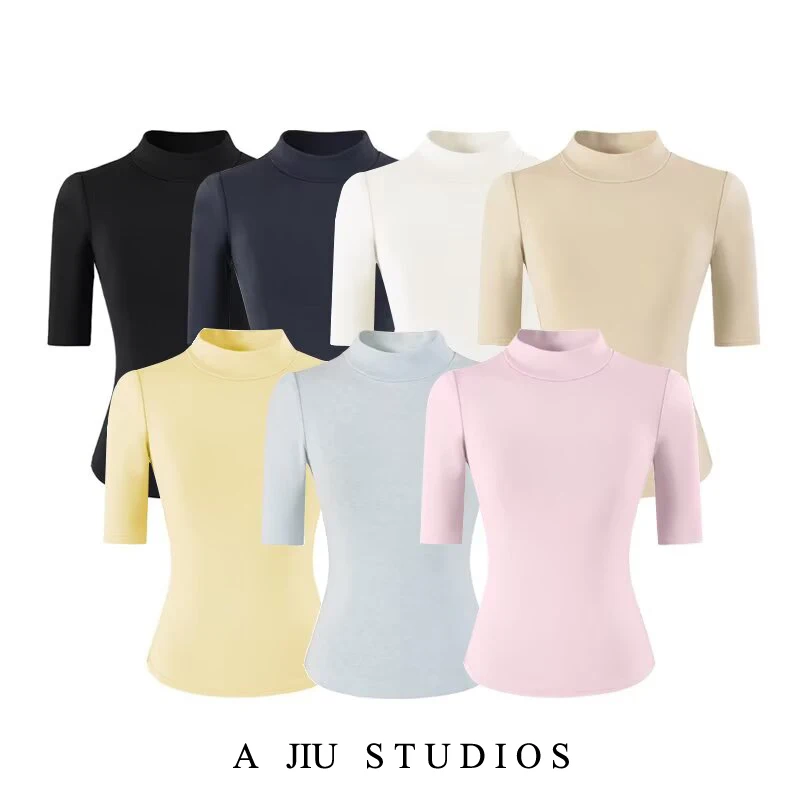 Slim Fit Half High Collar mid Sleeve T Shirt Women Summer Elastic Waist Control Versatile Base Shirt Top Pure Desire Style