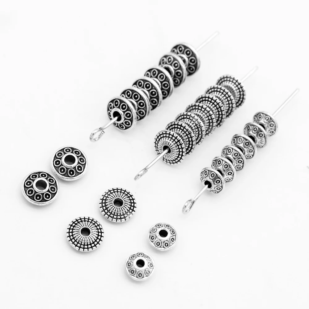50 pieces Tibetan Antique Silver color Round Loose Bead Pendants Spacer Beads for DIY Jewelry Making Charms Bracelet Finding