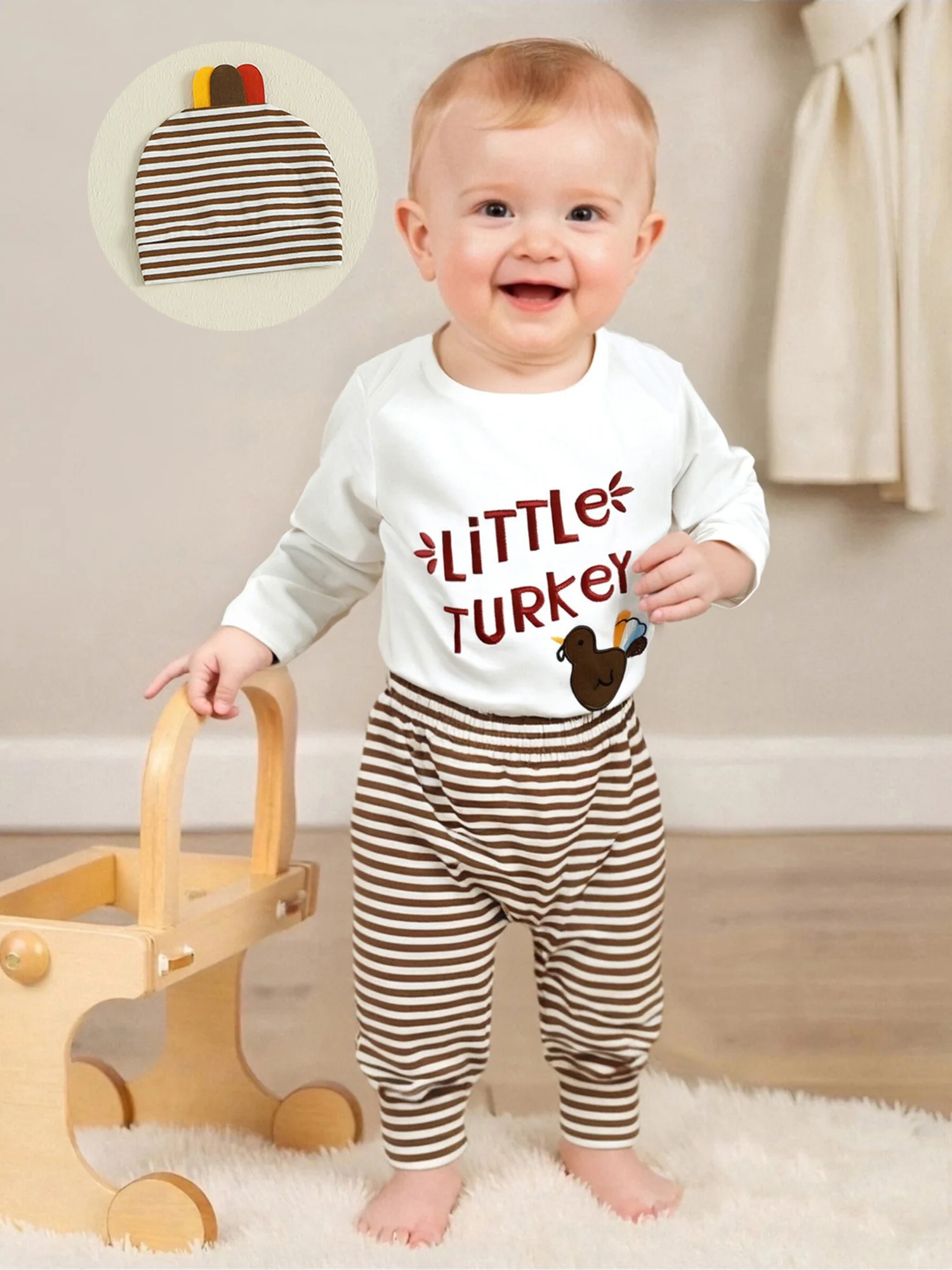 

Toddler Baby Boy Thanksgiving Outfit Turkey Embroidery Long Sleeve Romper Elastic Pants and Hat 3 Pcs Newborn Clothes Set
