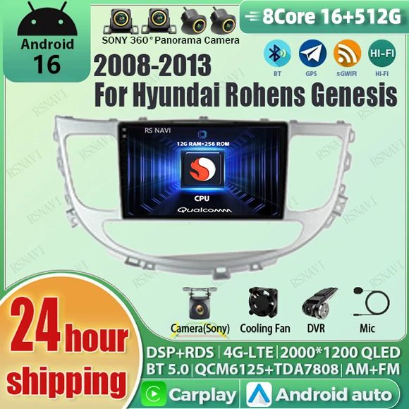 Android 16 Carplay 2K Screen Car Radio Multimedia Player For Hyundai Rohens Genesis 2008-2013 Autoradio Stereo 2din Head Unit
