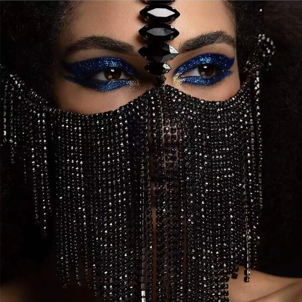 Luxury Sexy Black Rhinestone Tassel Masquerade Mask Face Chain Veil for Women Shiny Crystal Cosplay Head Face Decoration Mask