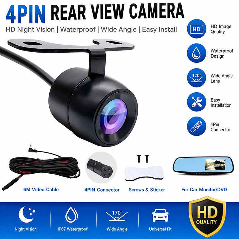 Car Camera Driving Recorder Rearview Mirror HD 4-Pin CVBS Reversing Camera Image