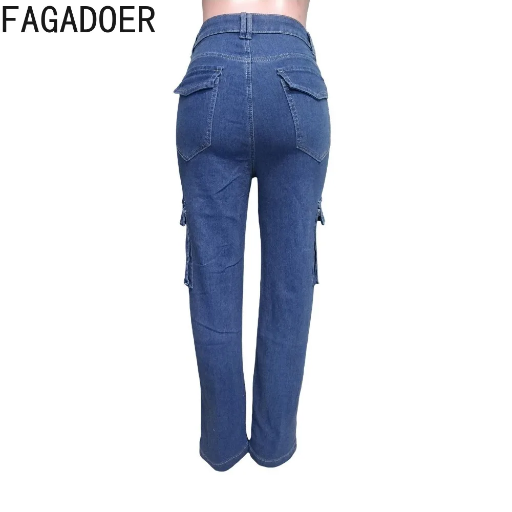 FAGADOER Blue Fashion Denim Hole Straight Pants Women High Waist Button Pocket Loose Jean Trousers Casual Female Cowboy Bottoms