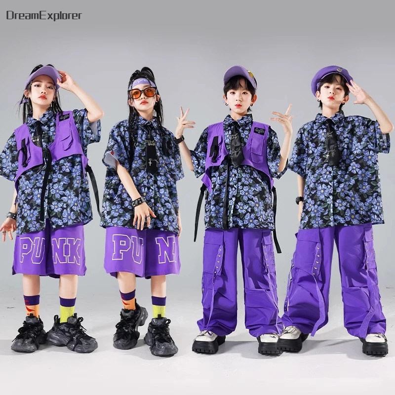 

Children Streetwear Boys Hip Hop Vest Floral Shirt Cargo Pants Girls Street Dance Shorts Clothes Sets Kids Jazz Purple Costumes