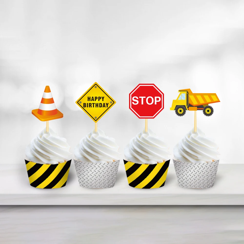 Cartoon Truck Construction Birthday Party Cake Display Stand and Cupcake Wrappers Cake Toppers DIY Baby Shower Party Decors