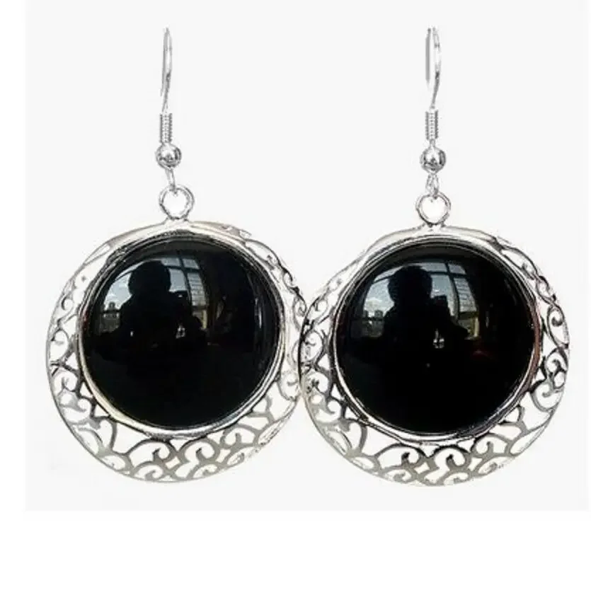 

925 Sterling Silver Hook Natural Black gem stone Onyx Coin Beads Earrings