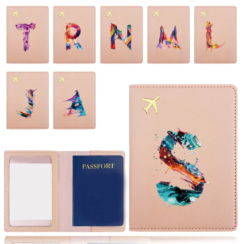 

Portable Passport Case Pu Airplane Passport Cover Card Bank Card Organizer Clip For Travel Business Outdoor Paint Letter Pattern