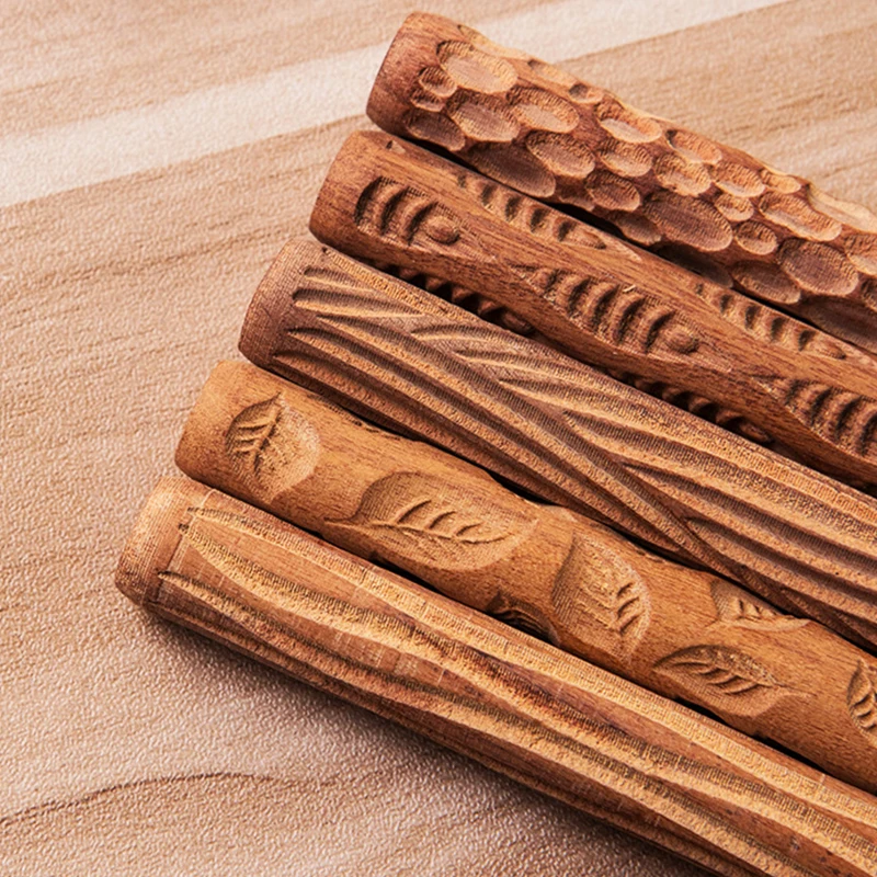 Pottery Tools Wooden Texture Clay Embossing Stick Pattern Rolling Clay Pin Wooden Hand Roller Clay Stamp Clay Pattern Roller