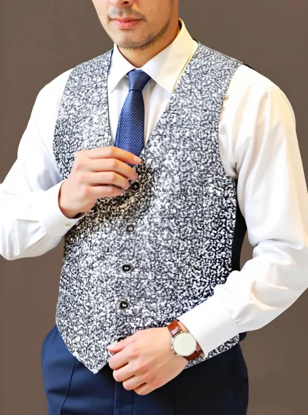 

Gold Sleeveless Suit Vest with Shiny Silver Sequin Decoration, Perfect for Wedding Party Stage Performance Waistcoat