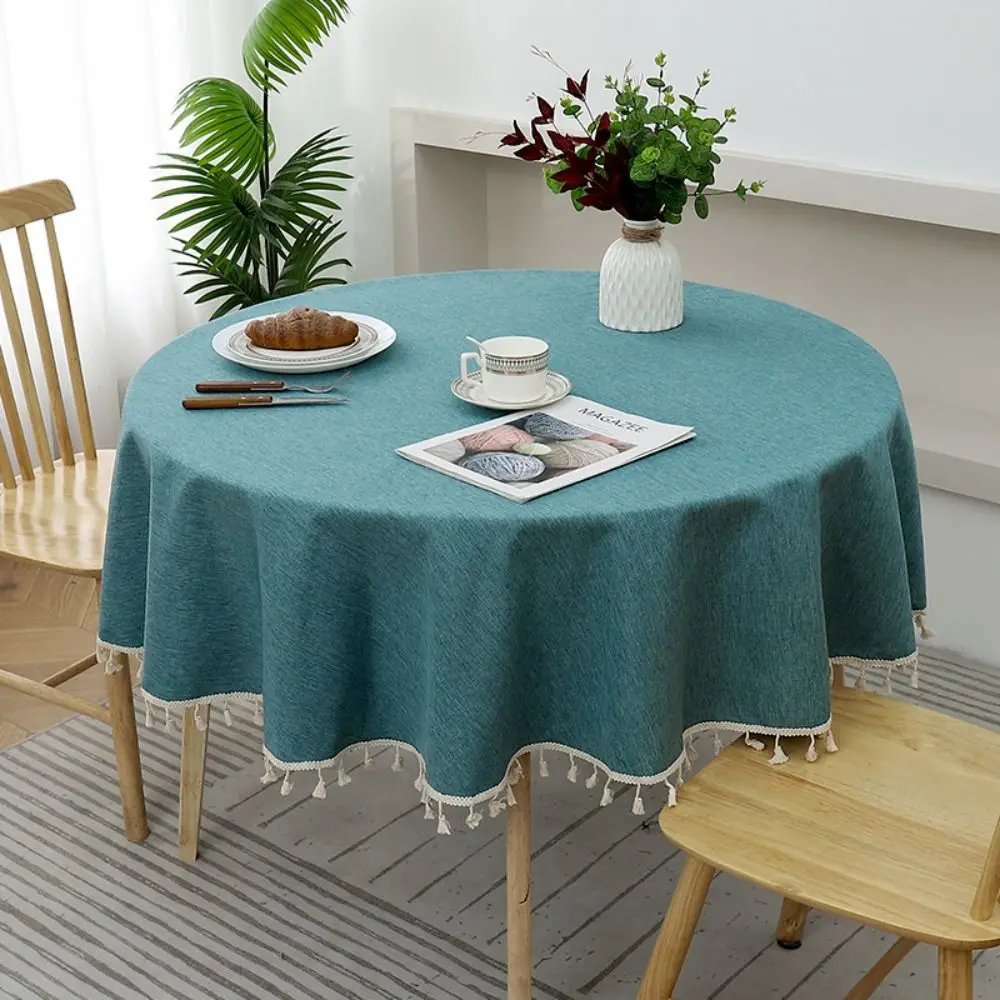 Decorazioni per la tavola Tovaglia in cotone e lino TPU rotonda con nappa Copri tavolo da pranzo Tinta unita Tappetino antipolvere Decorazione della casa