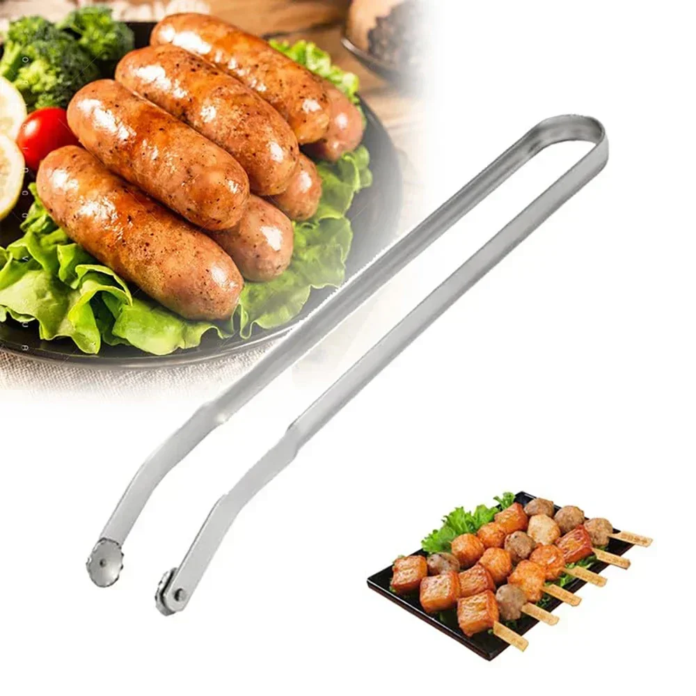 Sausage Turning Tongs BBQ Stainless Steel BBQ Tongs Long Handle Grill Tongs Metal Barbecue Hot Dog Flipping Clip Multipurpose Co