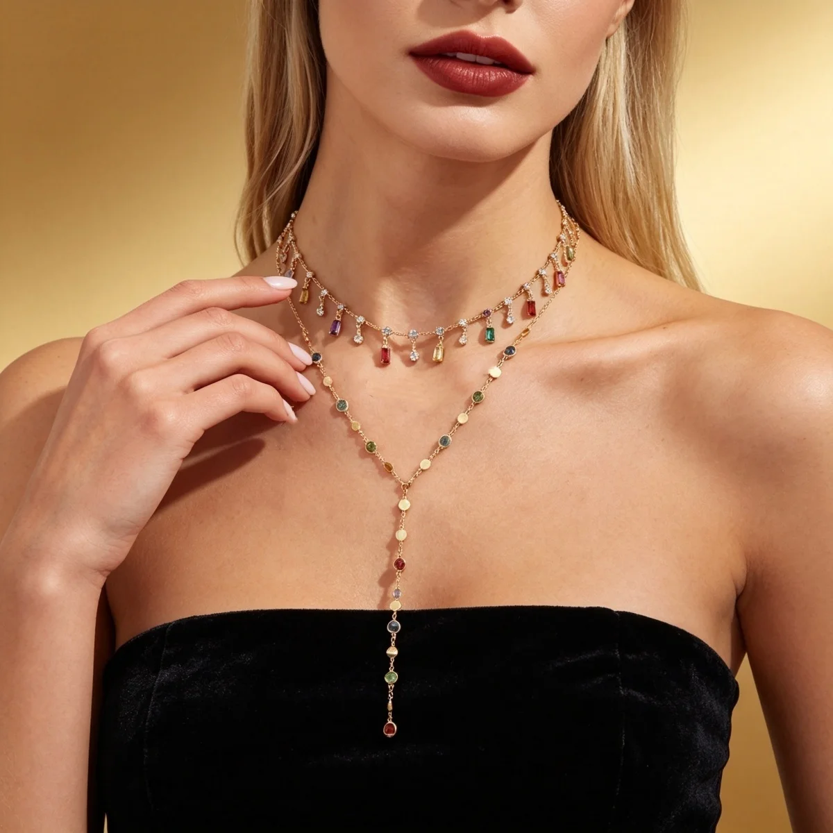 Leichter Luxus Funkelnde Bunte Strass-Quasten-Halskette für Frauen Eleganter Exquisiter Kristall Y-förmiger Choker Brautjungfern-Schmuck – Detail 17
