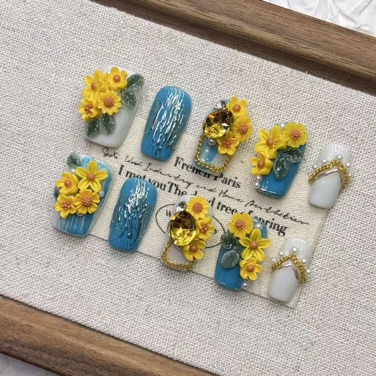 3D Yellow Floral Press On Nails With Rhinestones Chains Pearls Multiple Sizes  Blue White 3D Yellow Flowers Rhinestones Design