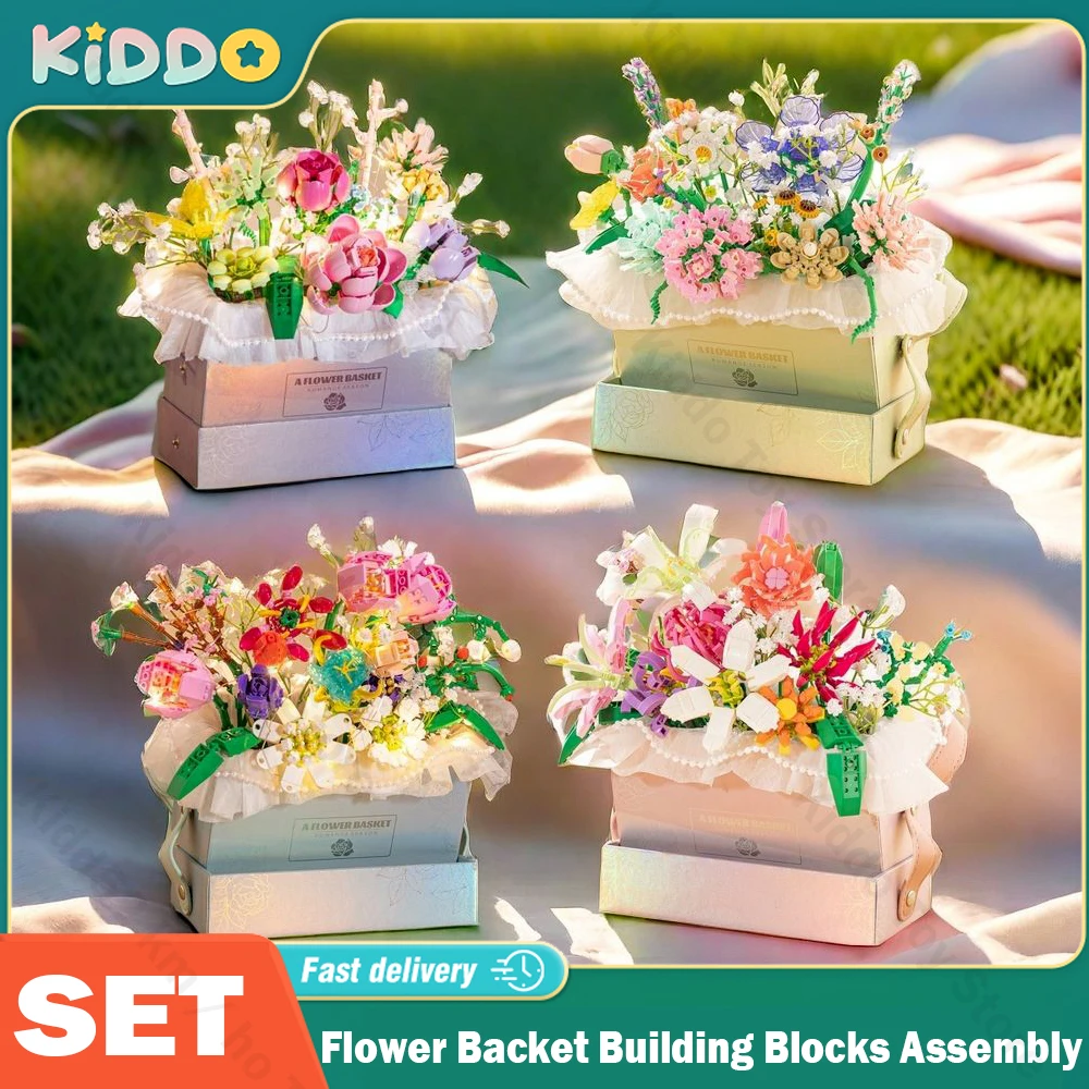 Flower Building Blocks Assembly Gift Box Basket Bouquet Creative Puzzle Bricks Light Portable Valentine Day Girlfriend Kid Toy