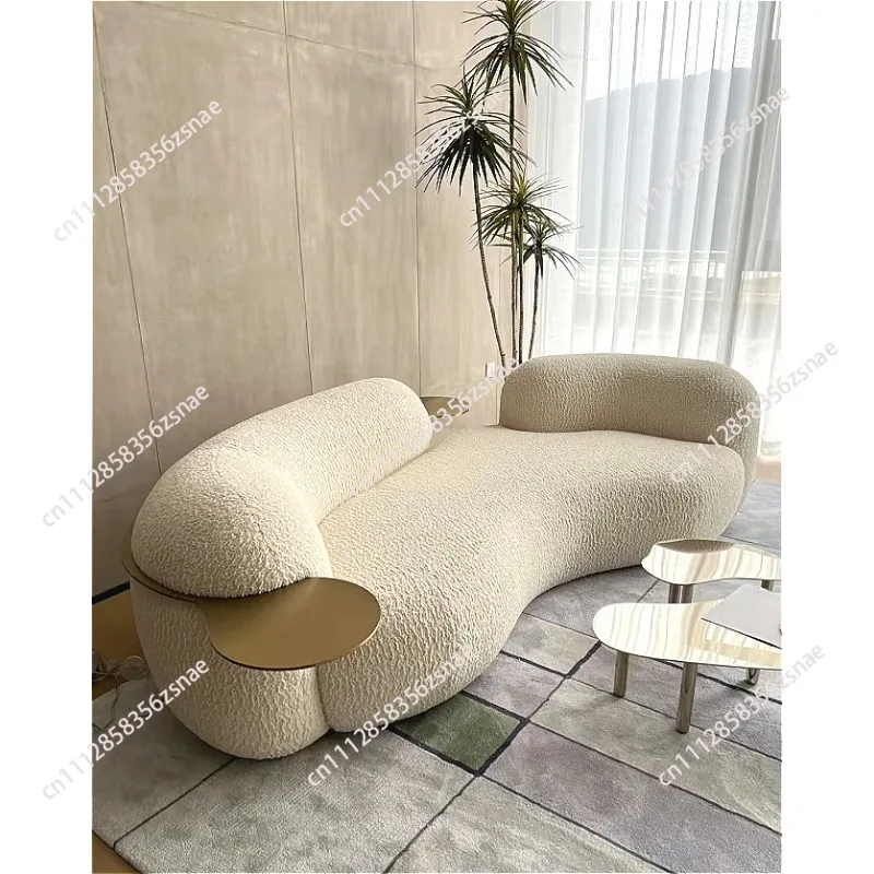 Deconstruct Spliced Curved Pea‑Shape Sofa, Minimal Neutral Lamb‑Wool Fabric Couch for Small Apartment