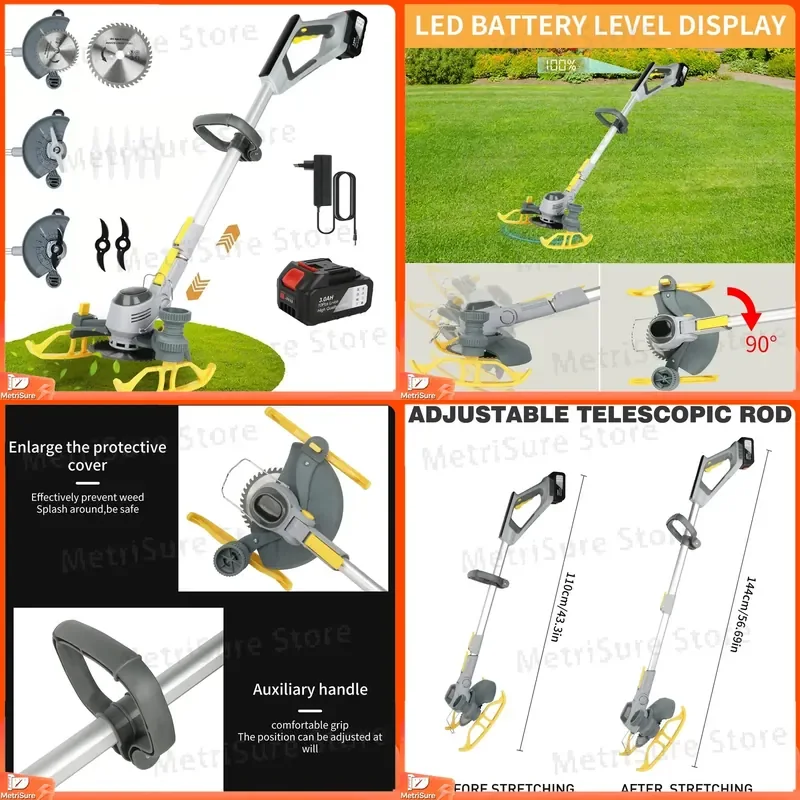 2-in-1 Cordless Lawn Trimmer and Lawn Mower with Adjustable Handle Height 3 Interchangeable Blades for Grass
