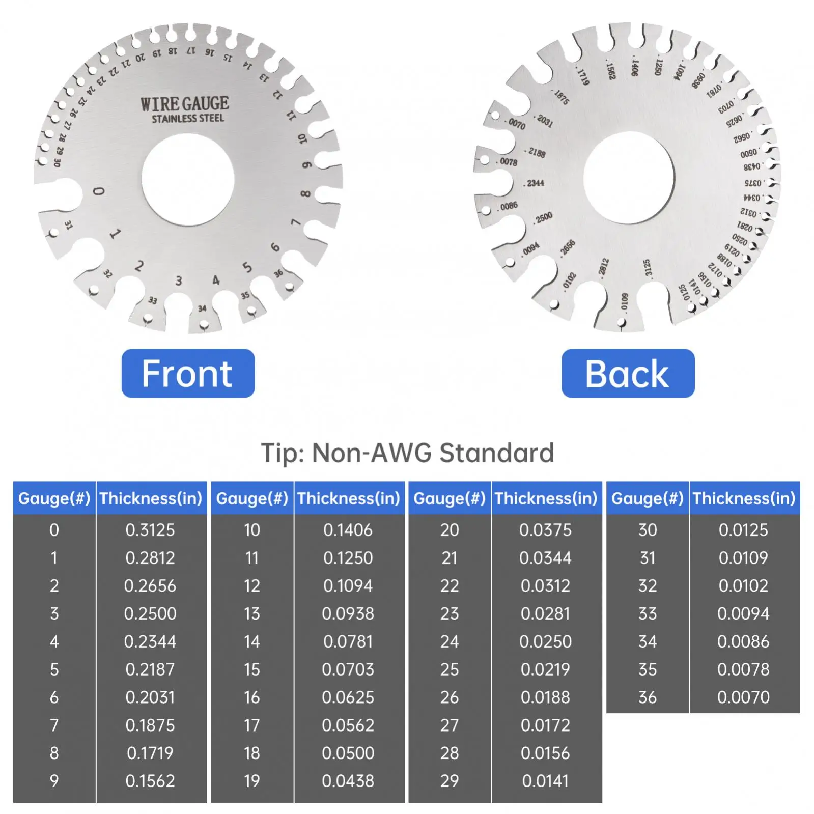 Stainless Steel Dual Sided Improved Wire Gauge Measuring Tools for Cable Diameter/Metal Sheet 0-36 Range Precision Diameter Tool