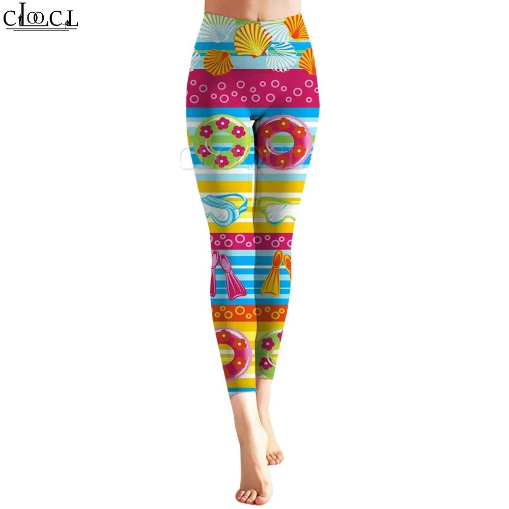 CLOOCL Stripes Leggings Ethnic Style Yoga Wear Beach Shell Doughnut Print Trousers Running Workout Pants Slim Leggings Women
