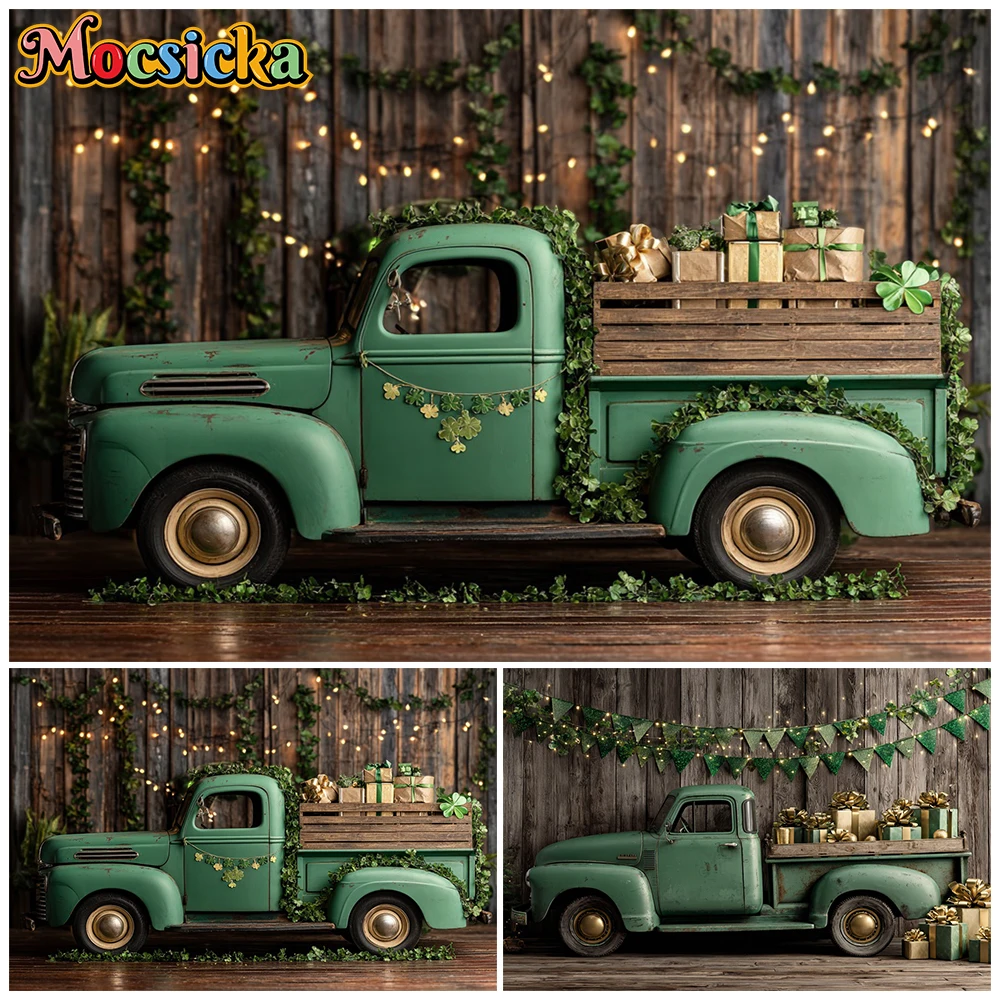 

Mocsicka Photography Background Wedding Birthday Party Green Truck Wood Wall Pattern Decor Portrait Photo Backdrop Studio Banner