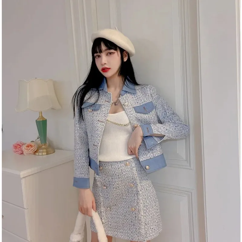 

UNXX Small Fragrance Tweed Suit Jacket Coat Half Skirt Set Vintage Denim Contrast Panel Tweed Suit + Skirt Two Piece Set Women's