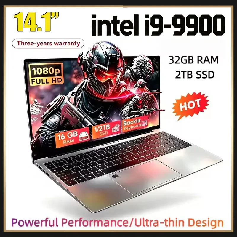 New 14.1" Core I9 9900 Laptop Computer Windows 11 Notebook PC Gamer 32GB DDR4 2048GB 1TB SSD 1920*1080 Office Computer PC