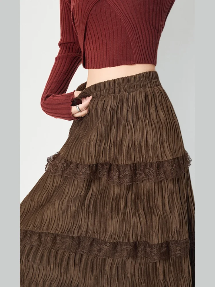 Gonna torta in velluto bianco Thi f-lunghezza Gonna longuette a trapezio in pizzo delicato autunno inverno da donna coreana a vita alta