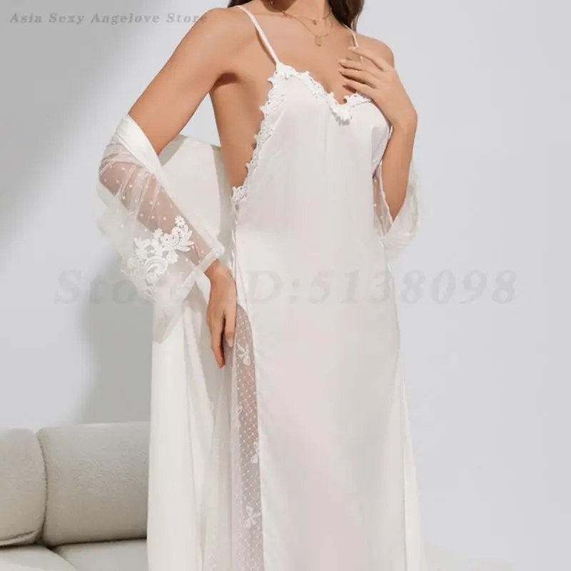 Female Long Nightgown Robe Set Chemise Sleepwear Home Dressing Gown Sexy Patchwork Lace Bathrobe Backless Nightdress Nightwear