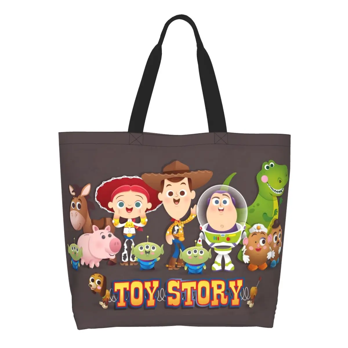 Custom Cute Printed Anime Toy Story Group Tote Shopping Bag Durable Canvas Shoulder Shopper Cartoon Movie Handbag