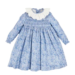 Vintage bebê meninas smocked algodão vestido floral, boutique infantil smocking frocks, roupas de colarinho de renda, outono