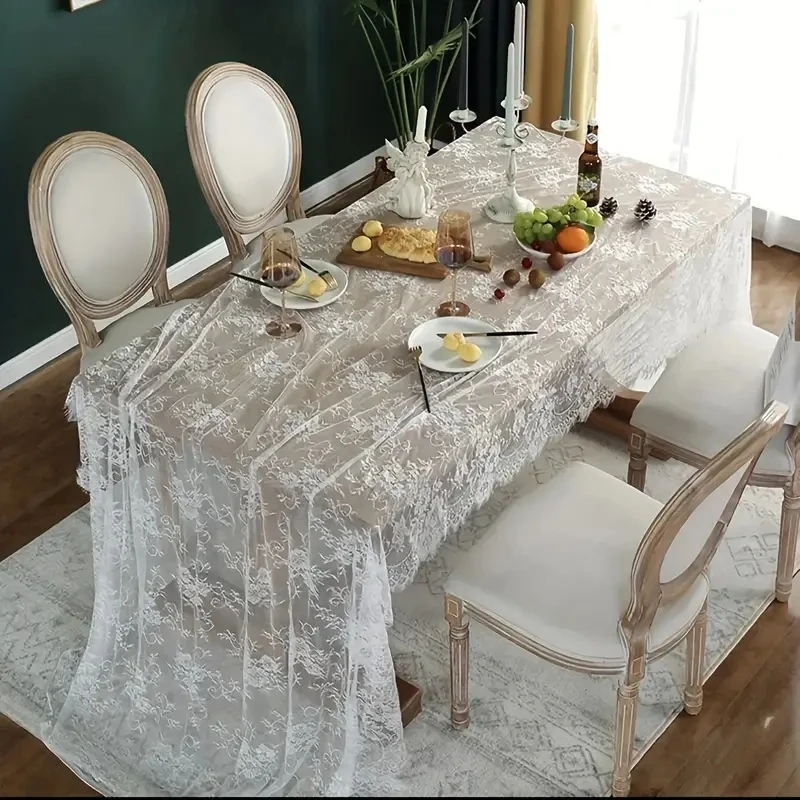 1Pcs White Lace Tablecloth Rustic Wedding Decoration Vintage Embroidered Reception Table Cloth Decor Party Gatherings Tablecloth