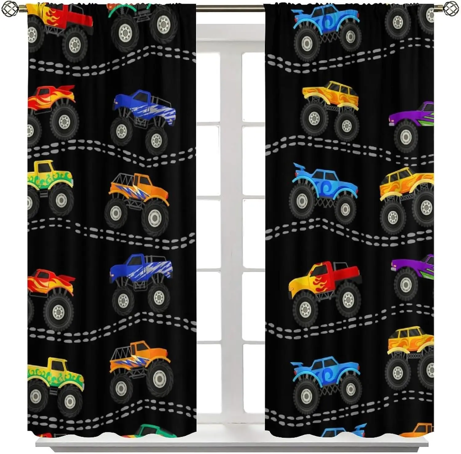 Cartoon Car Curtains Kids Cartoon Simple Mountain Racing Color Flame Monster Truck Mud Off-Road Vehicle Print for Boys Nursery