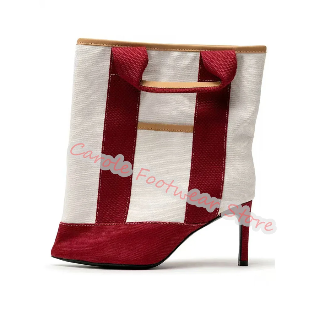 

Fashion Mixed Color Canvas Handbag Design Women Boots Pointed Toe High Heel Big Size Tube Short Boots Ladies Catwalk Dress Shoes