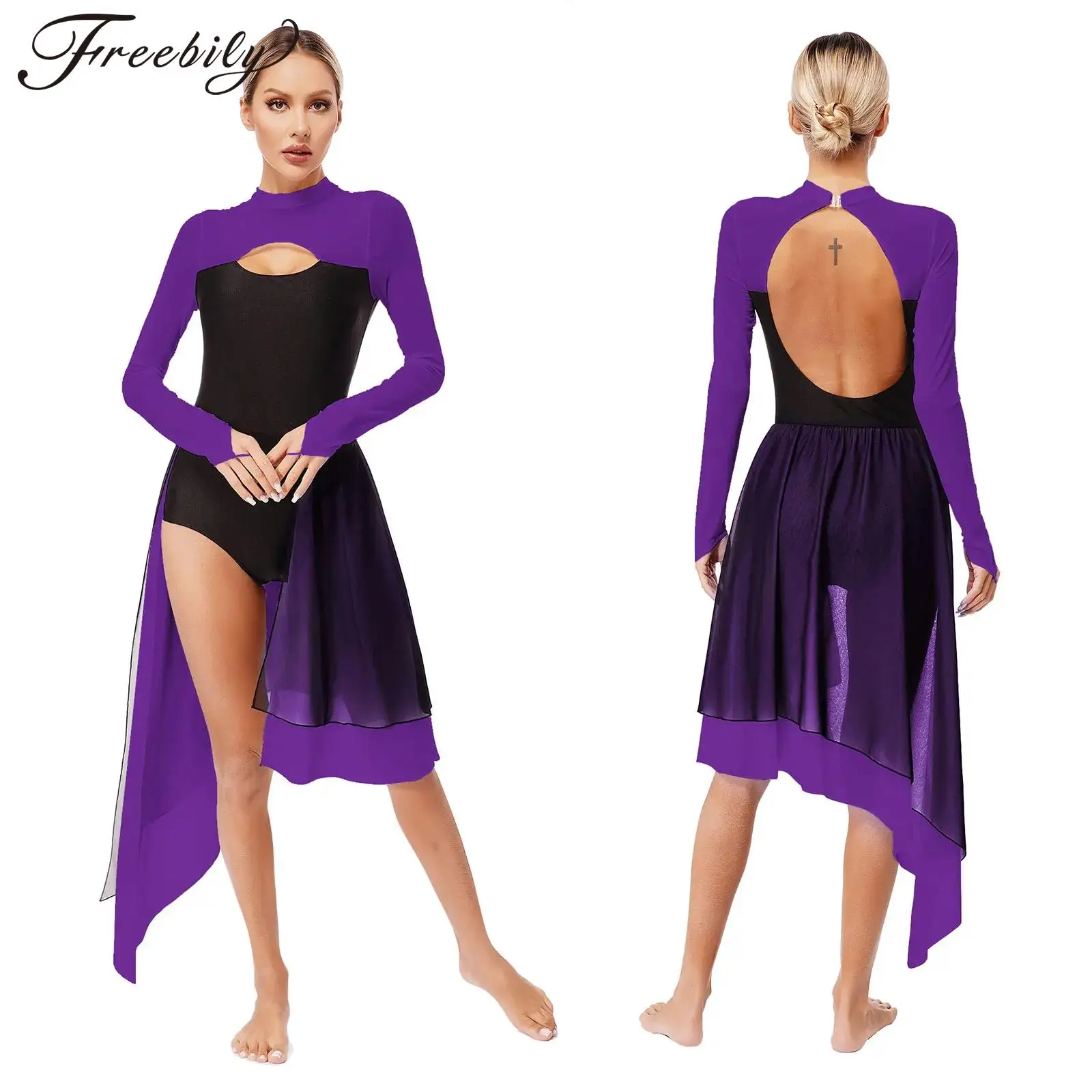 Women Modern Lyrical Dance Dress Figure Skating Ballet Gymnastics Performance Dresses Long Sleeve Sheer Mesh Leotard Dancewear